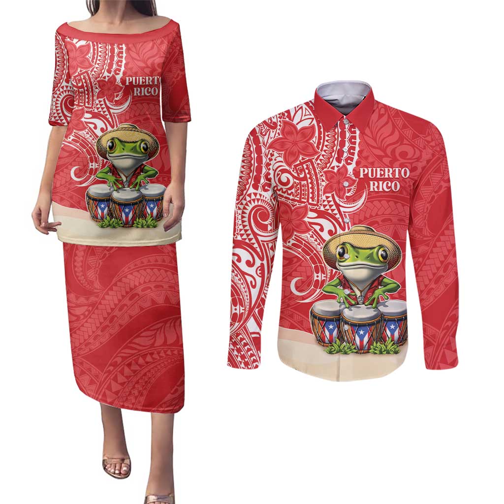 Personalized Puerto Rico Couples Matching Puletasi and Long Sleeve Button Shirt Coqui Frog With Polynesian Pattern - Wonder Print Shop