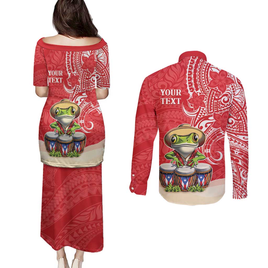 Personalized Puerto Rico Couples Matching Puletasi and Long Sleeve Button Shirt Coqui Frog With Polynesian Pattern - Wonder Print Shop