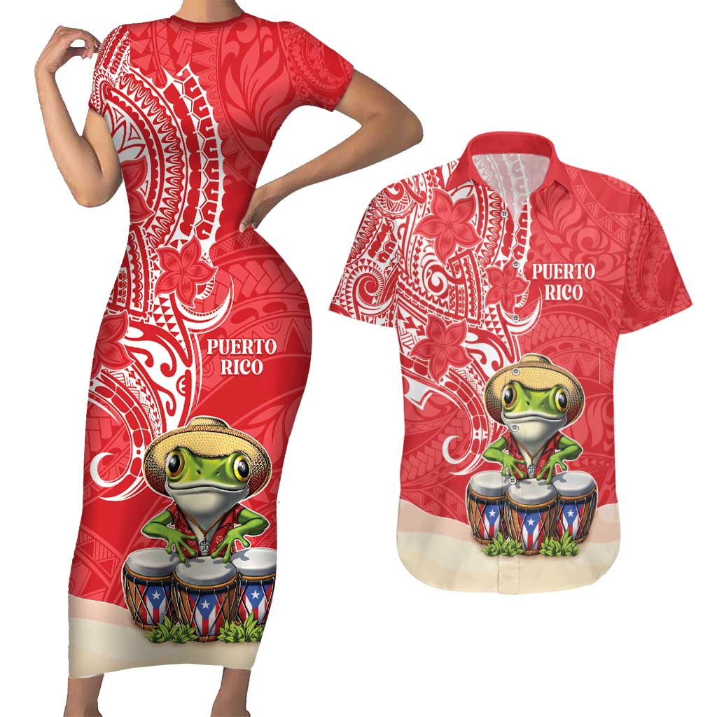 Personalized Puerto Rico Couples Matching Short Sleeve Bodycon Dress and Hawaiian Shirt Coqui Frog With Polynesian Pattern - Wonder Print Shop