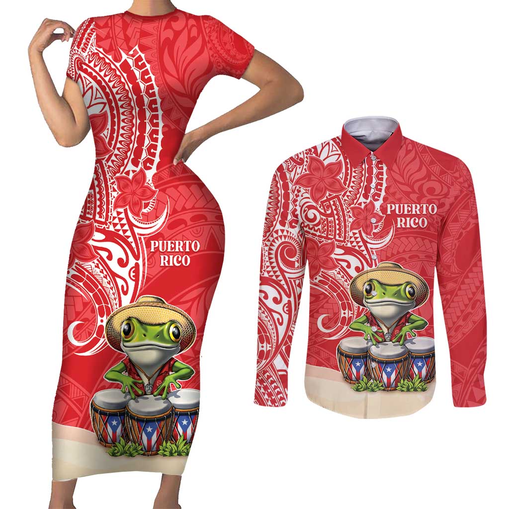 Personalized Puerto Rico Couples Matching Short Sleeve Bodycon Dress and Long Sleeve Button Shirt Coqui Frog With Polynesian Pattern - Wonder Print Shop