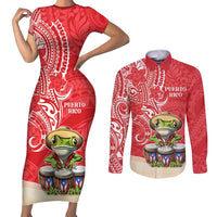 Personalized Puerto Rico Couples Matching Short Sleeve Bodycon Dress and Long Sleeve Button Shirt Coqui Frog With Polynesian Pattern - Wonder Print Shop