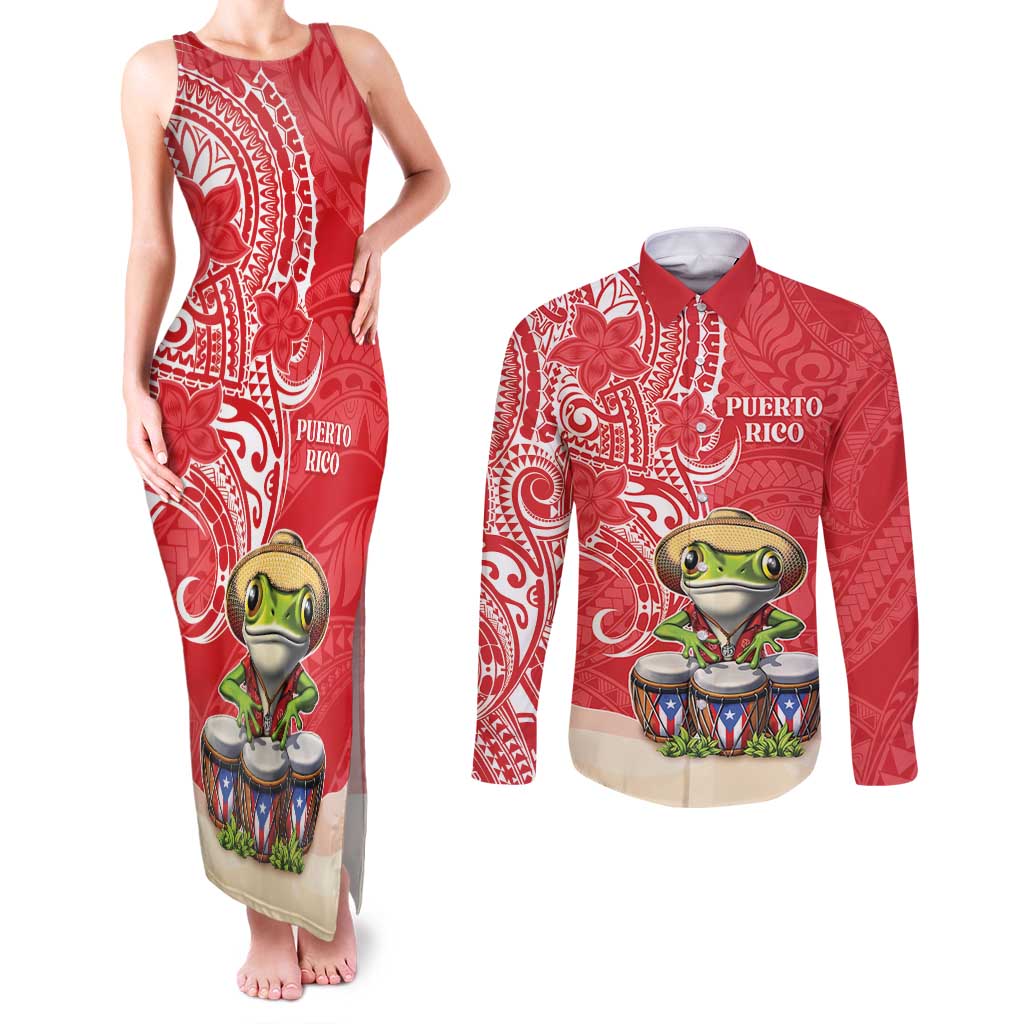 Personalized Puerto Rico Couples Matching Tank Maxi Dress and Long Sleeve Button Shirt Coqui Frog With Polynesian Pattern - Wonder Print Shop