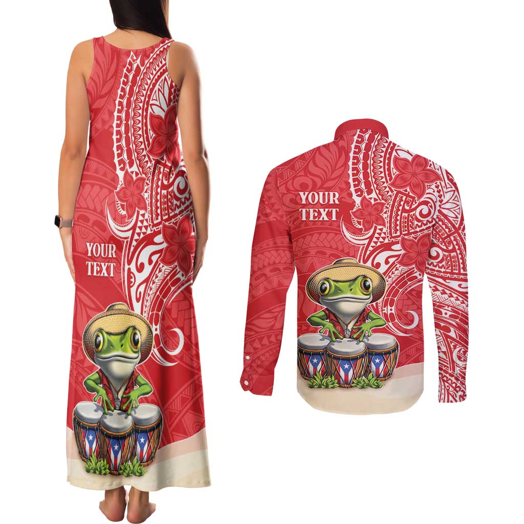 Personalized Puerto Rico Couples Matching Tank Maxi Dress and Long Sleeve Button Shirt Coqui Frog With Polynesian Pattern - Wonder Print Shop