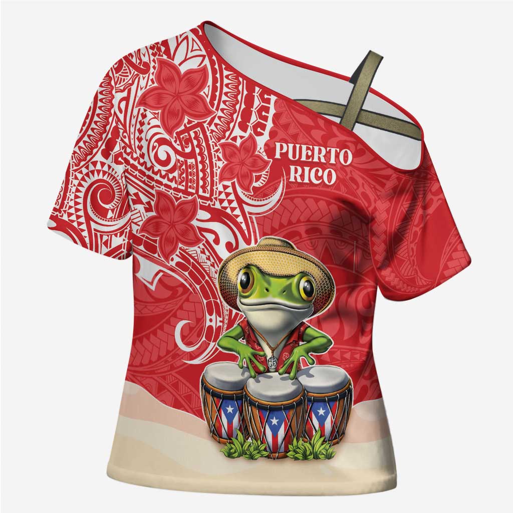 Personalized Puerto Rico Cross Shoulder Shirt Coqui Frog With Polynesian Pattern - Wonder Print Shop
