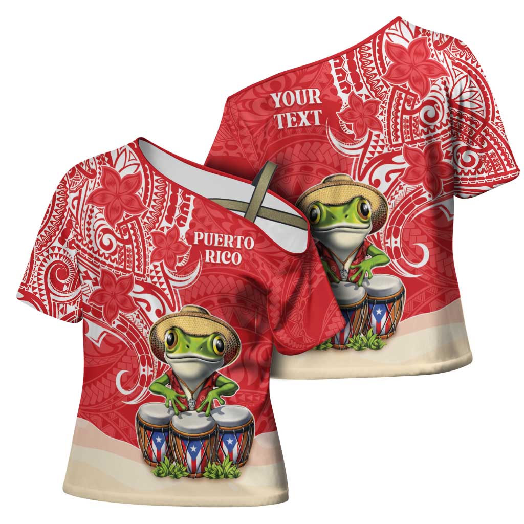 Personalized Puerto Rico Cross Shoulder Shirt Coqui Frog With Polynesian Pattern - Wonder Print Shop