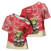 Personalized Puerto Rico Cross Shoulder Shirt Coqui Frog With Polynesian Pattern - Wonder Print Shop