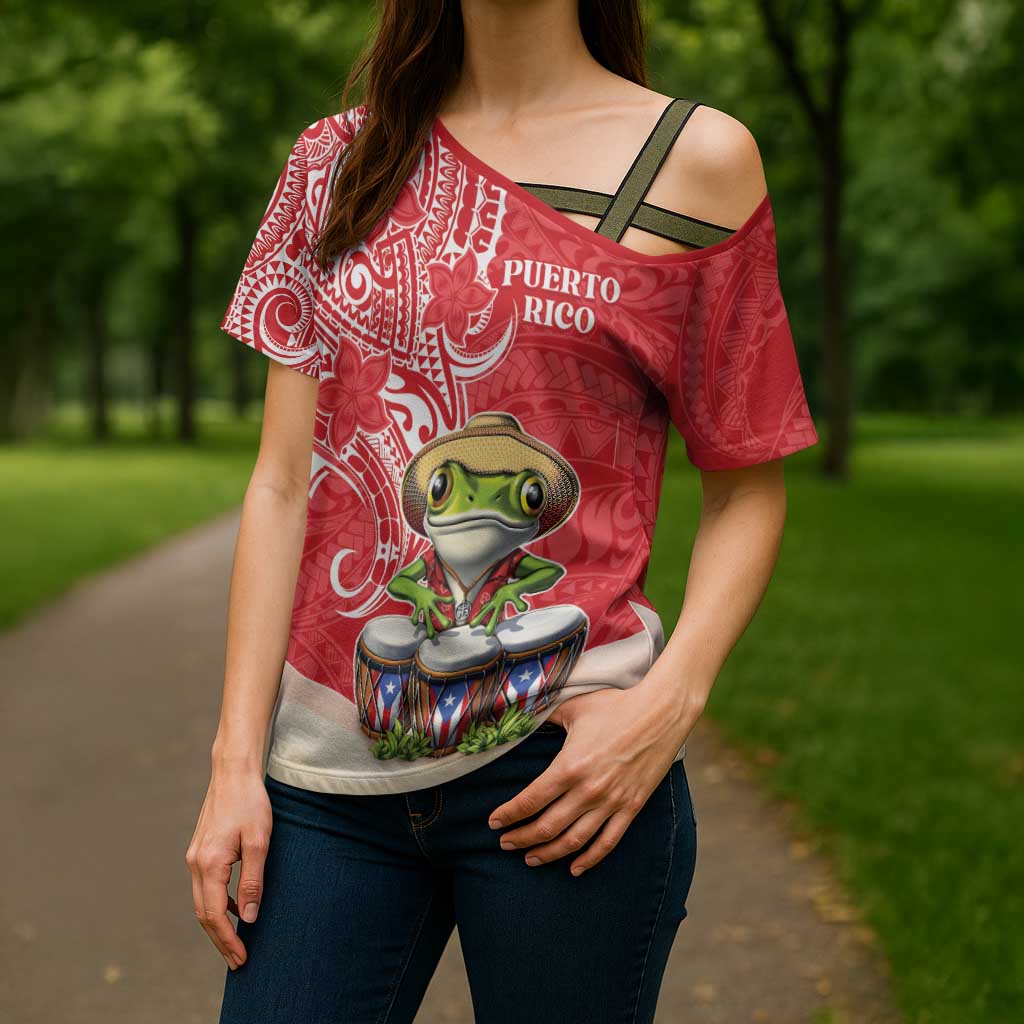 Personalized Puerto Rico Cross Shoulder Shirt Coqui Frog With Polynesian Pattern - Wonder Print Shop
