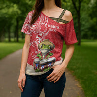 Personalized Puerto Rico Cross Shoulder Shirt Coqui Frog With Polynesian Pattern - Wonder Print Shop