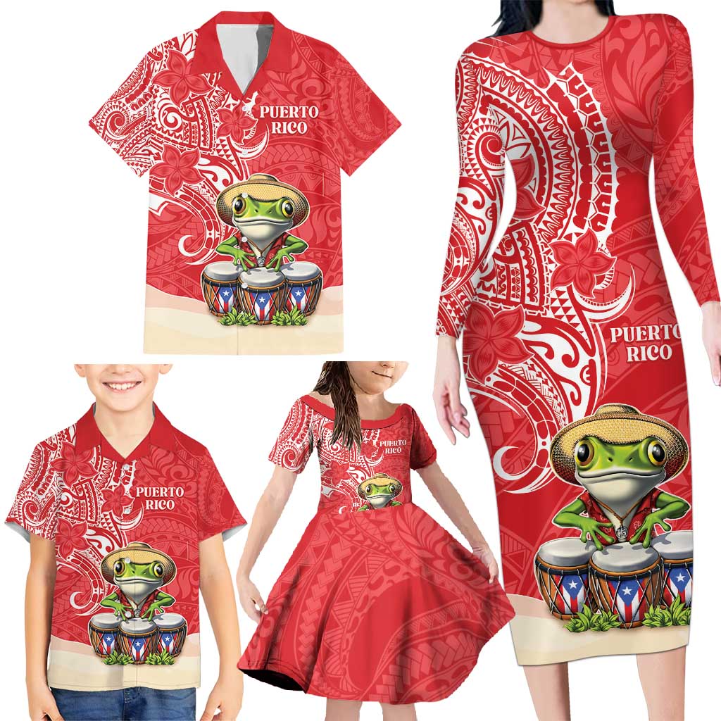 Personalized Puerto Rico Family Matching Long Sleeve Bodycon Dress and Hawaiian Shirt Coqui Frog With Polynesian Pattern - Wonder Print Shop