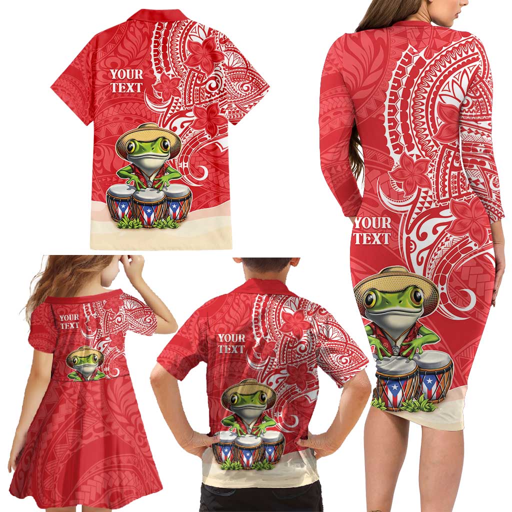 Personalized Puerto Rico Family Matching Long Sleeve Bodycon Dress and Hawaiian Shirt Coqui Frog With Polynesian Pattern - Wonder Print Shop