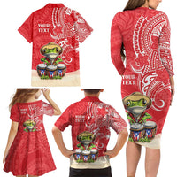 Personalized Puerto Rico Family Matching Long Sleeve Bodycon Dress and Hawaiian Shirt Coqui Frog With Polynesian Pattern - Wonder Print Shop