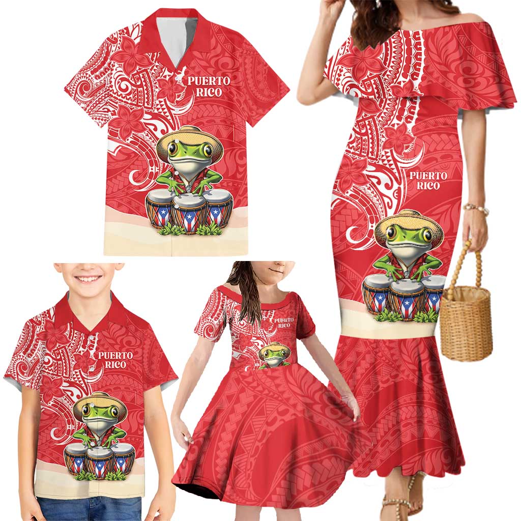 Personalized Puerto Rico Family Matching Mermaid Dress and Hawaiian Shirt Coqui Frog With Polynesian Pattern - Wonder Print Shop