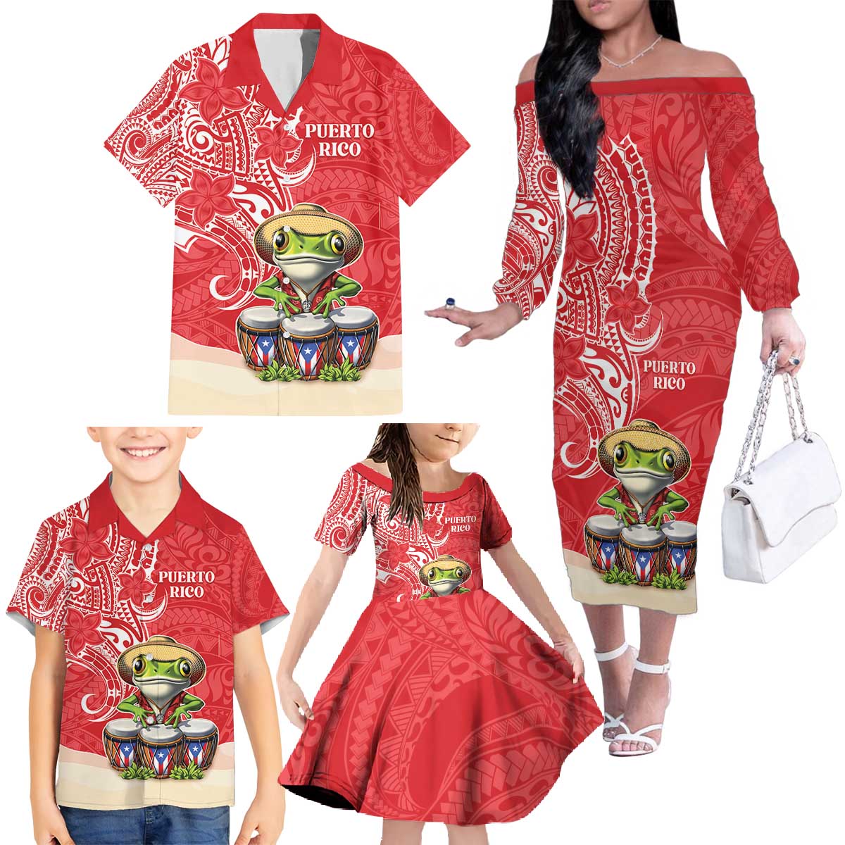 Personalized Puerto Rico Family Matching Off The Shoulder Long Sleeve Dress and Hawaiian Shirt Coqui Frog With Polynesian Pattern - Wonder Print Shop