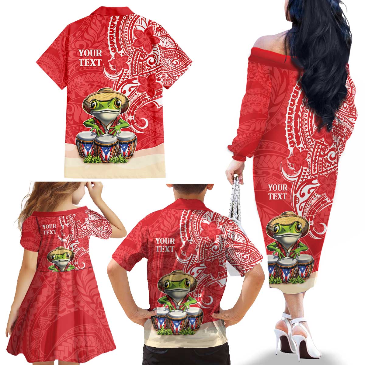 Personalized Puerto Rico Family Matching Off The Shoulder Long Sleeve Dress and Hawaiian Shirt Coqui Frog With Polynesian Pattern - Wonder Print Shop