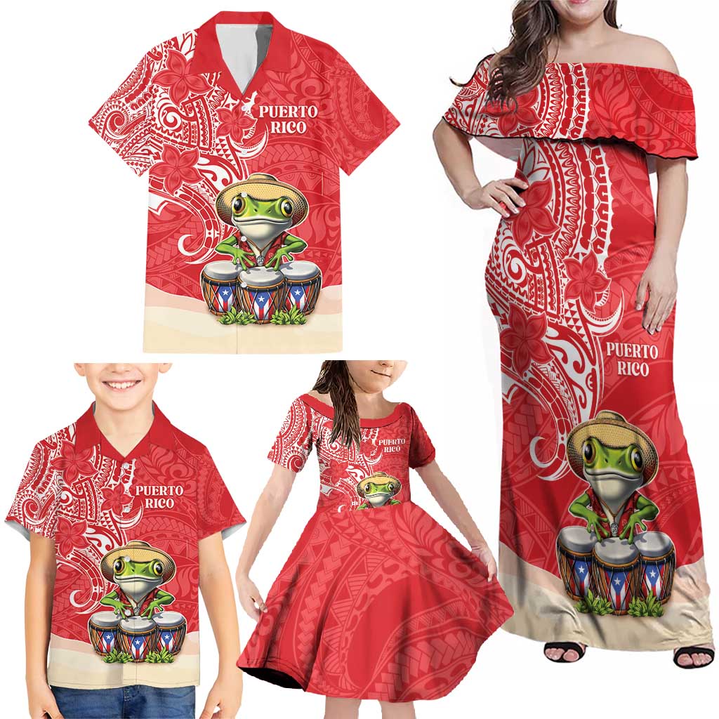 Personalized Puerto Rico Family Matching Off Shoulder Maxi Dress and Hawaiian Shirt Coqui Frog With Polynesian Pattern - Wonder Print Shop