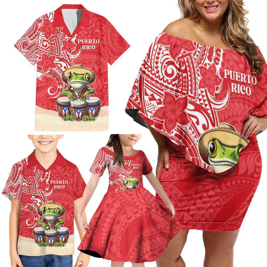 Personalized Puerto Rico Family Matching Off Shoulder Short Dress and Hawaiian Shirt Coqui Frog With Polynesian Pattern - Wonder Print Shop
