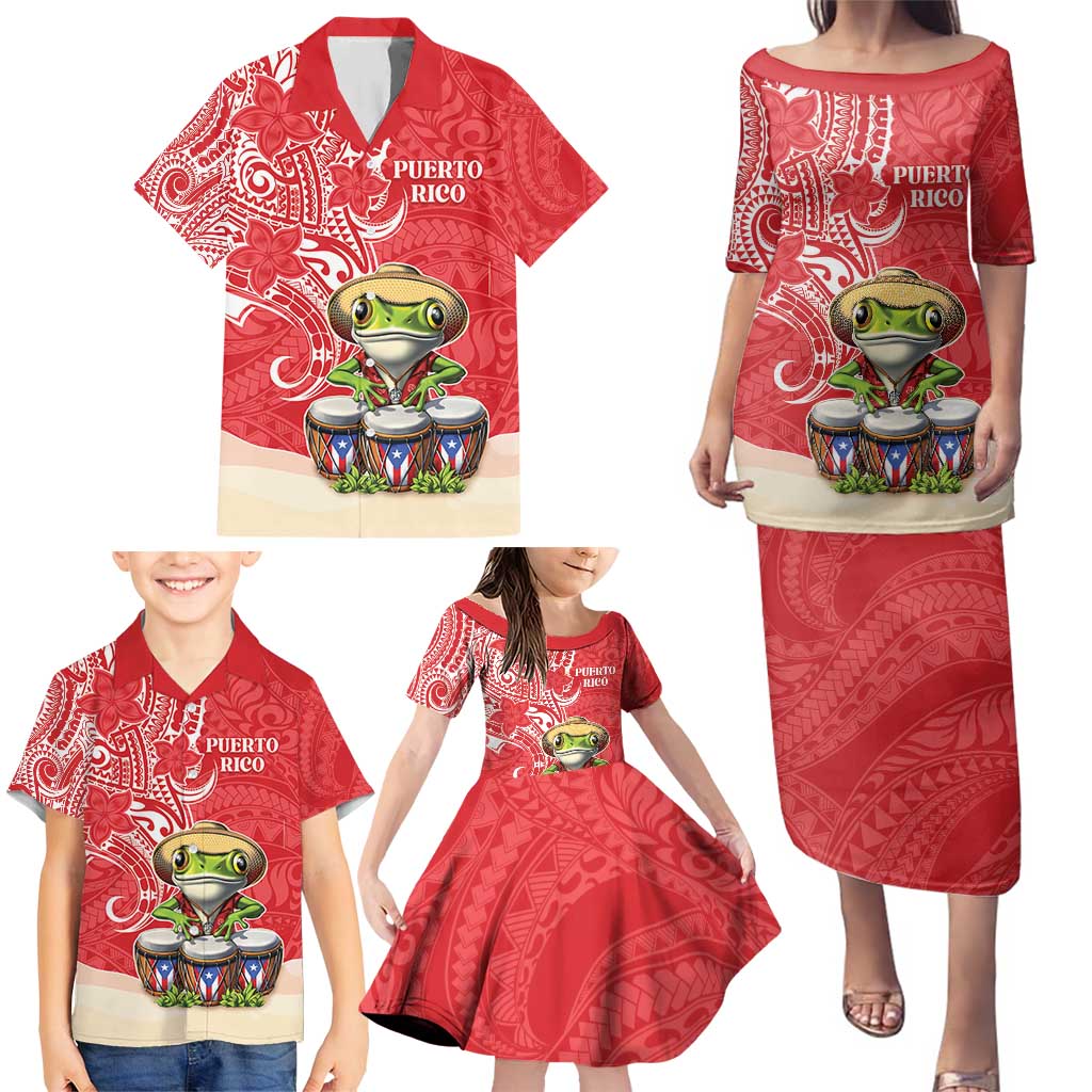 Personalized Puerto Rico Family Matching Puletasi and Hawaiian Shirt Coqui Frog With Polynesian Pattern - Wonder Print Shop