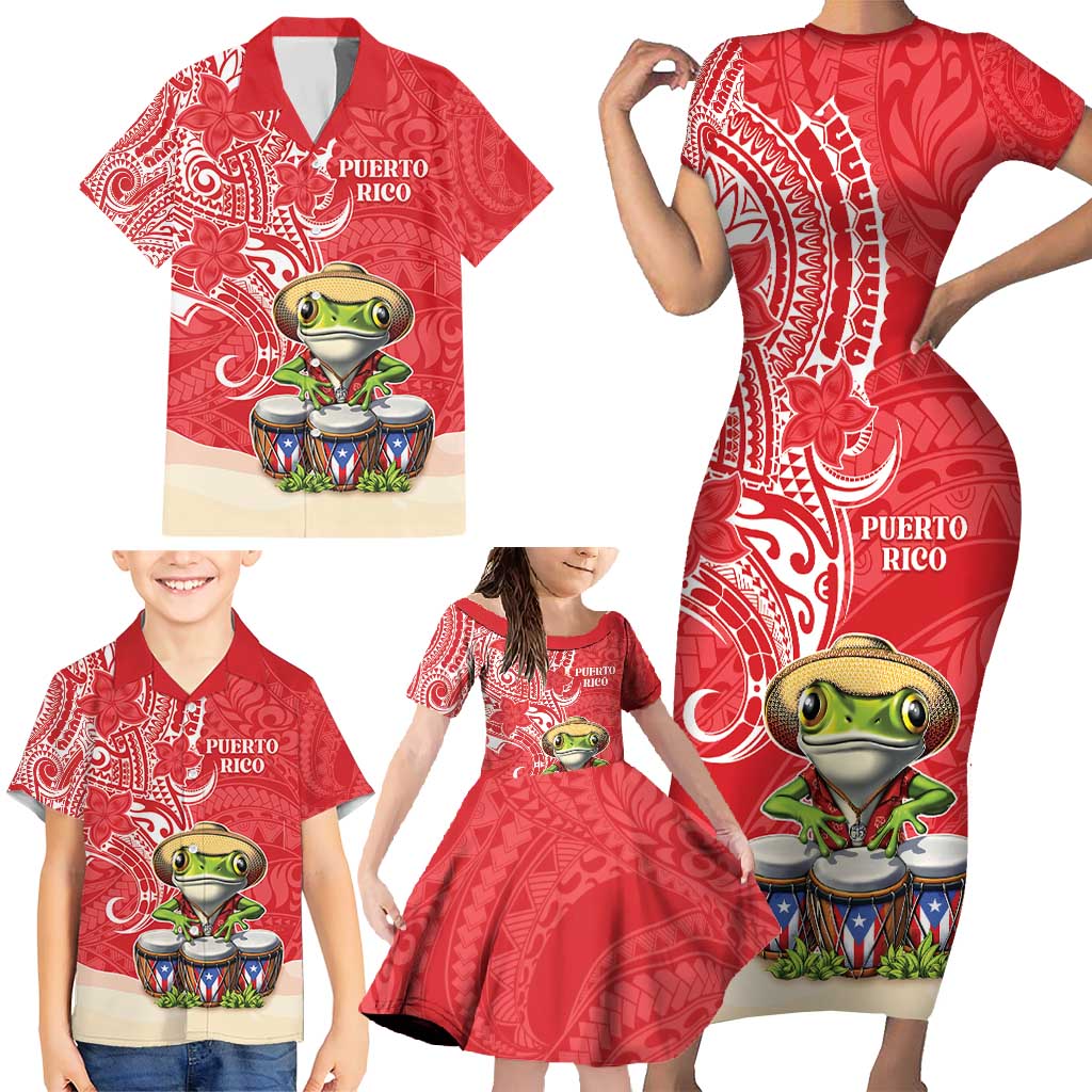Personalized Puerto Rico Family Matching Short Sleeve Bodycon Dress and Hawaiian Shirt Coqui Frog With Polynesian Pattern - Wonder Print Shop