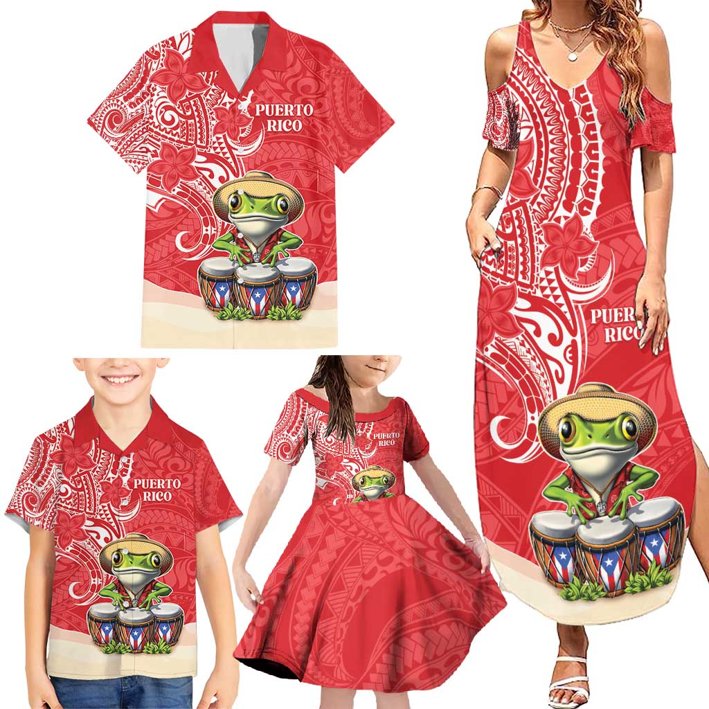 Personalized Puerto Rico Family Matching Summer Maxi Dress and Hawaiian Shirt Coqui Frog With Polynesian Pattern - Wonder Print Shop