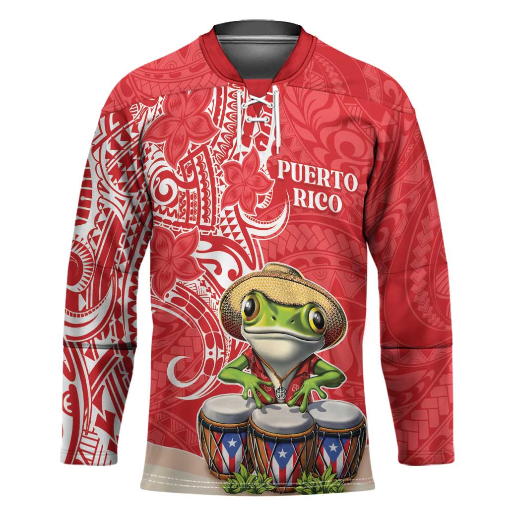 Personalized Puerto Rico Hockey Jersey Coqui Frog With Polynesian Pattern - Wonder Print Shop