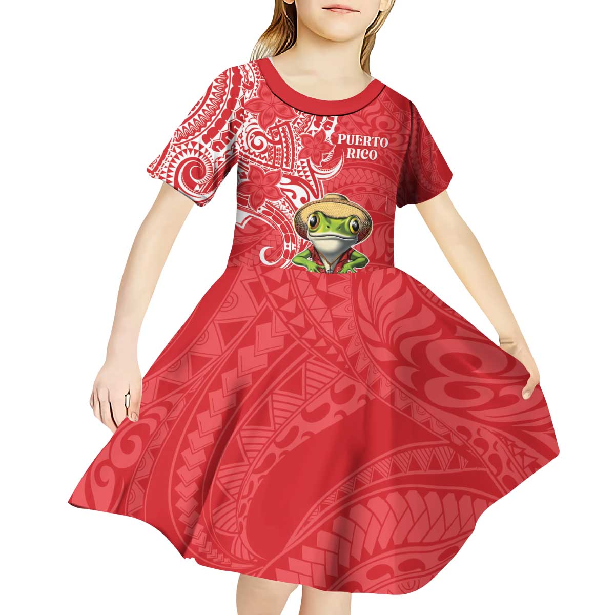 Personalized Puerto Rico Kid Short Sleeve Dress Coqui Frog With Polynesian Pattern - Wonder Print Shop