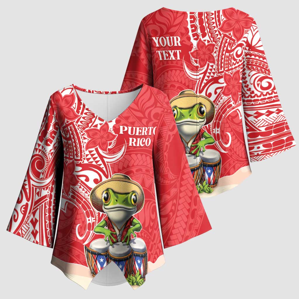 Personalized Puerto Rico Kimono Sleeve Blouse Coqui Frog With Polynesian Pattern - Wonder Print Shop