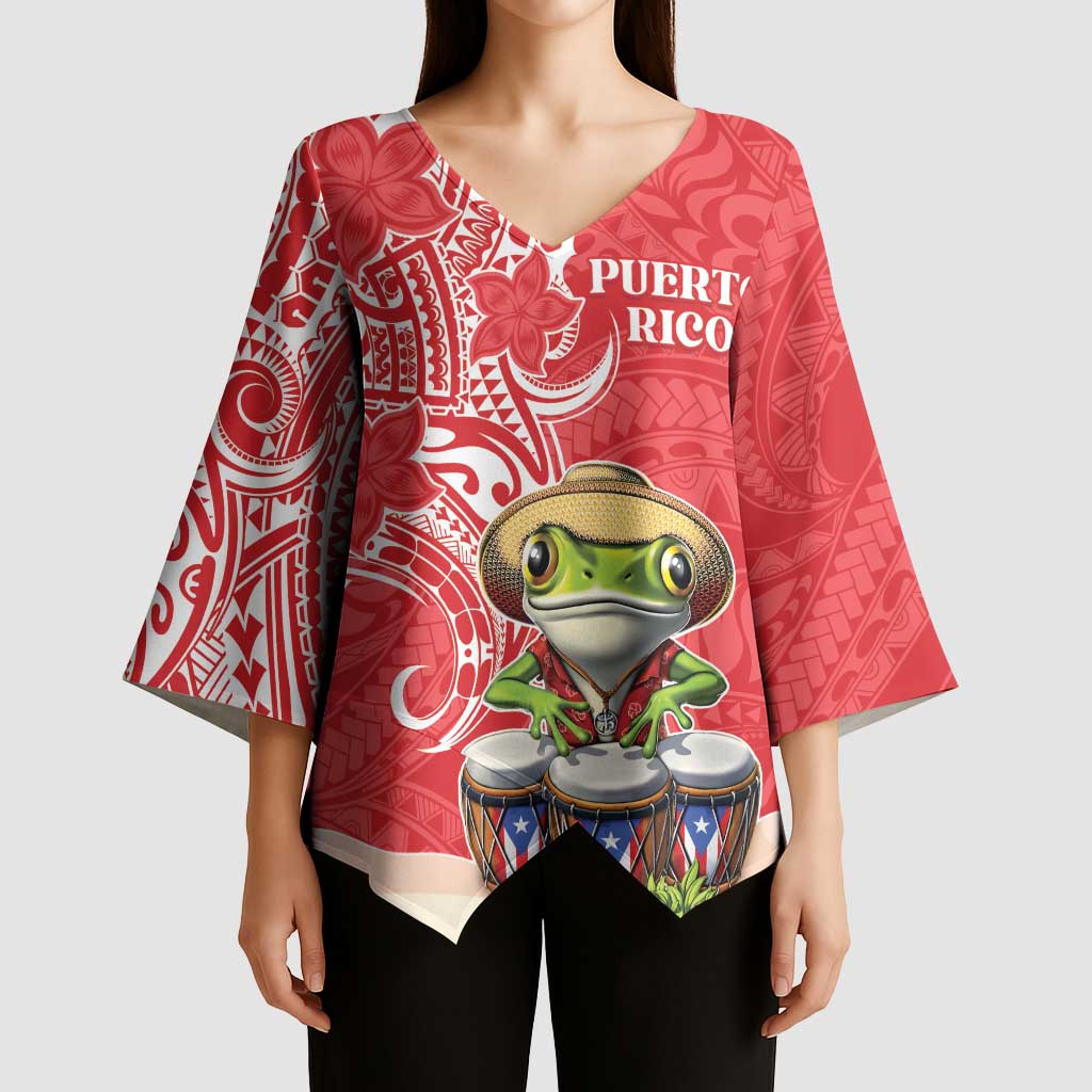Personalized Puerto Rico Kimono Sleeve Blouse Coqui Frog With Polynesian Pattern - Wonder Print Shop