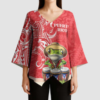 Personalized Puerto Rico Kimono Sleeve Blouse Coqui Frog With Polynesian Pattern - Wonder Print Shop