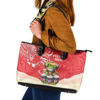 Puerto Rico Leather Tote Bag Coqui Frog With Polynesian Pattern - Wonder Print Shop