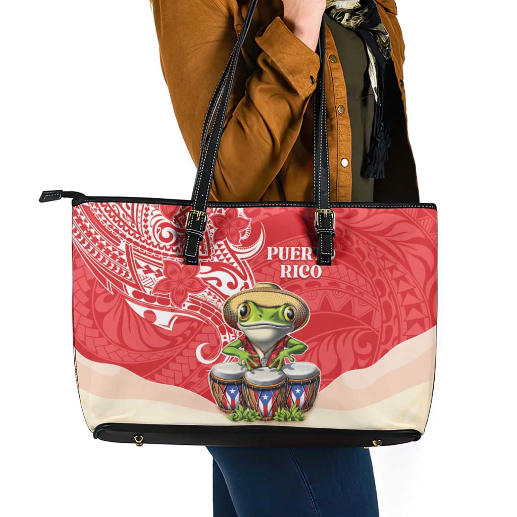 Puerto Rico Leather Tote Bag Coqui Frog With Polynesian Pattern - Wonder Print Shop