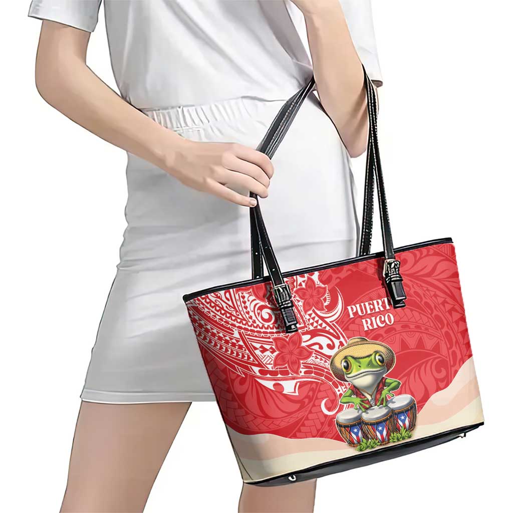 Puerto Rico Leather Tote Bag Coqui Frog With Polynesian Pattern - Wonder Print Shop