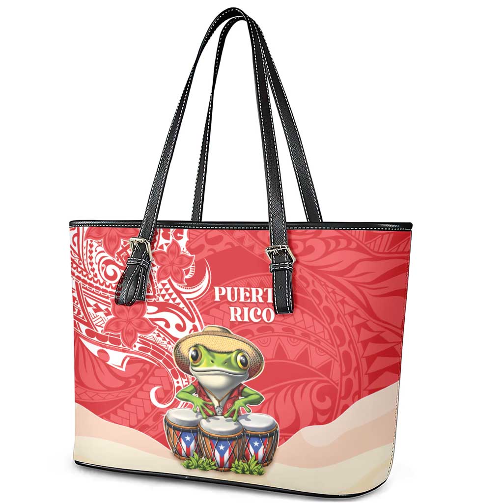 Puerto Rico Leather Tote Bag Coqui Frog With Polynesian Pattern - Wonder Print Shop