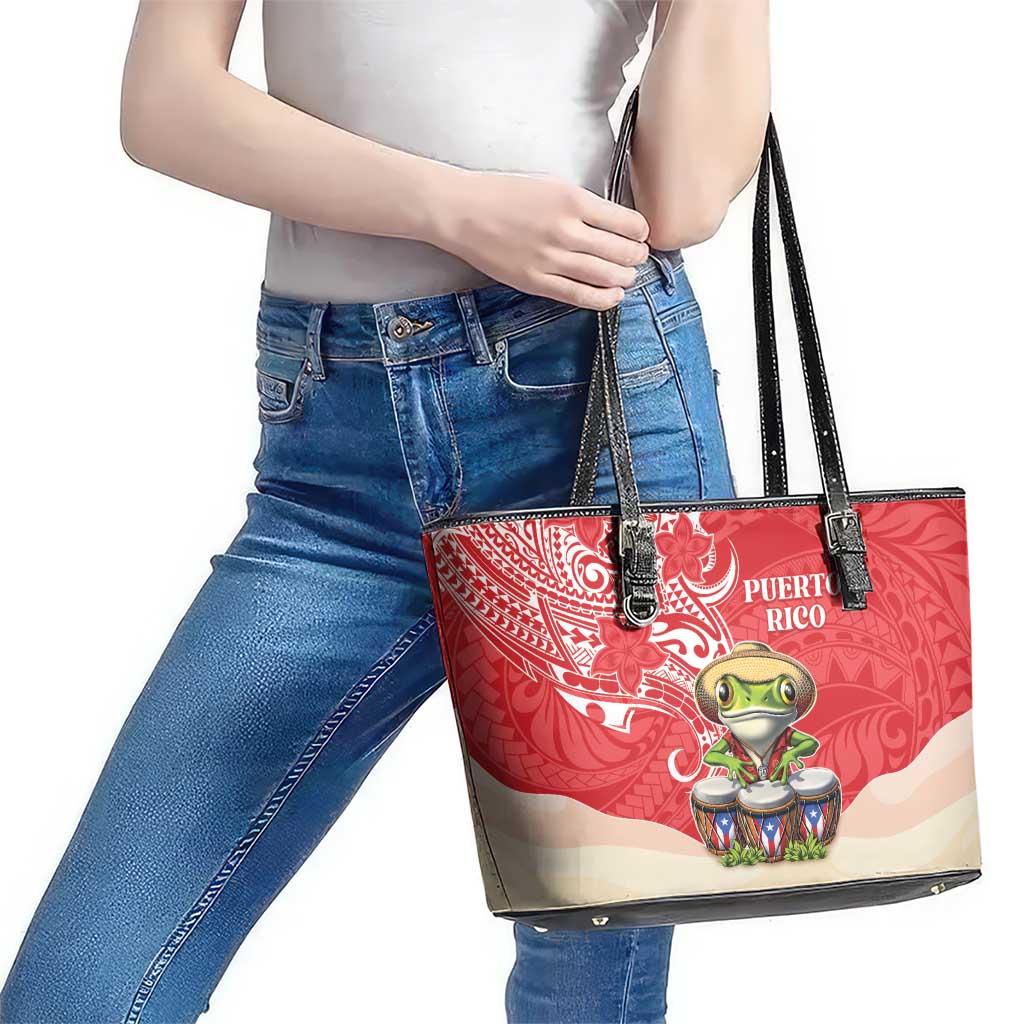 Puerto Rico Leather Tote Bag Coqui Frog With Polynesian Pattern - Wonder Print Shop