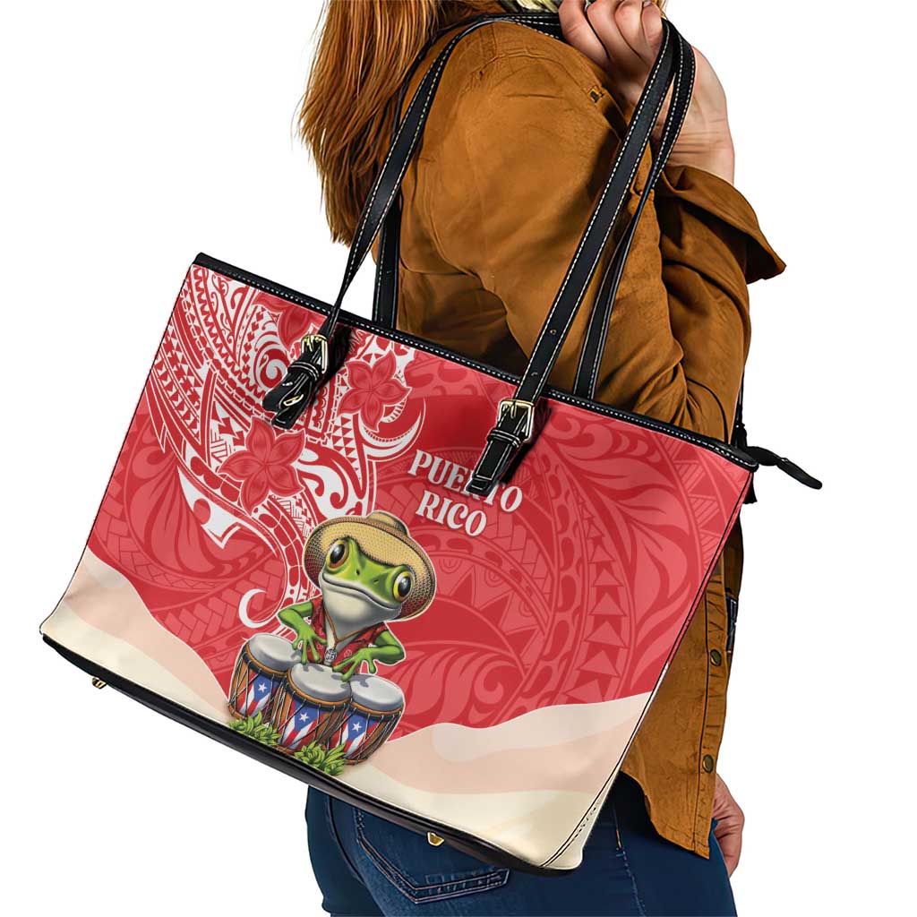 Puerto Rico Leather Tote Bag Coqui Frog With Polynesian Pattern - Wonder Print Shop
