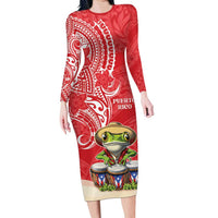 Personalized Puerto Rico Long Sleeve Bodycon Dress Coqui Frog With Polynesian Pattern - Wonder Print Shop