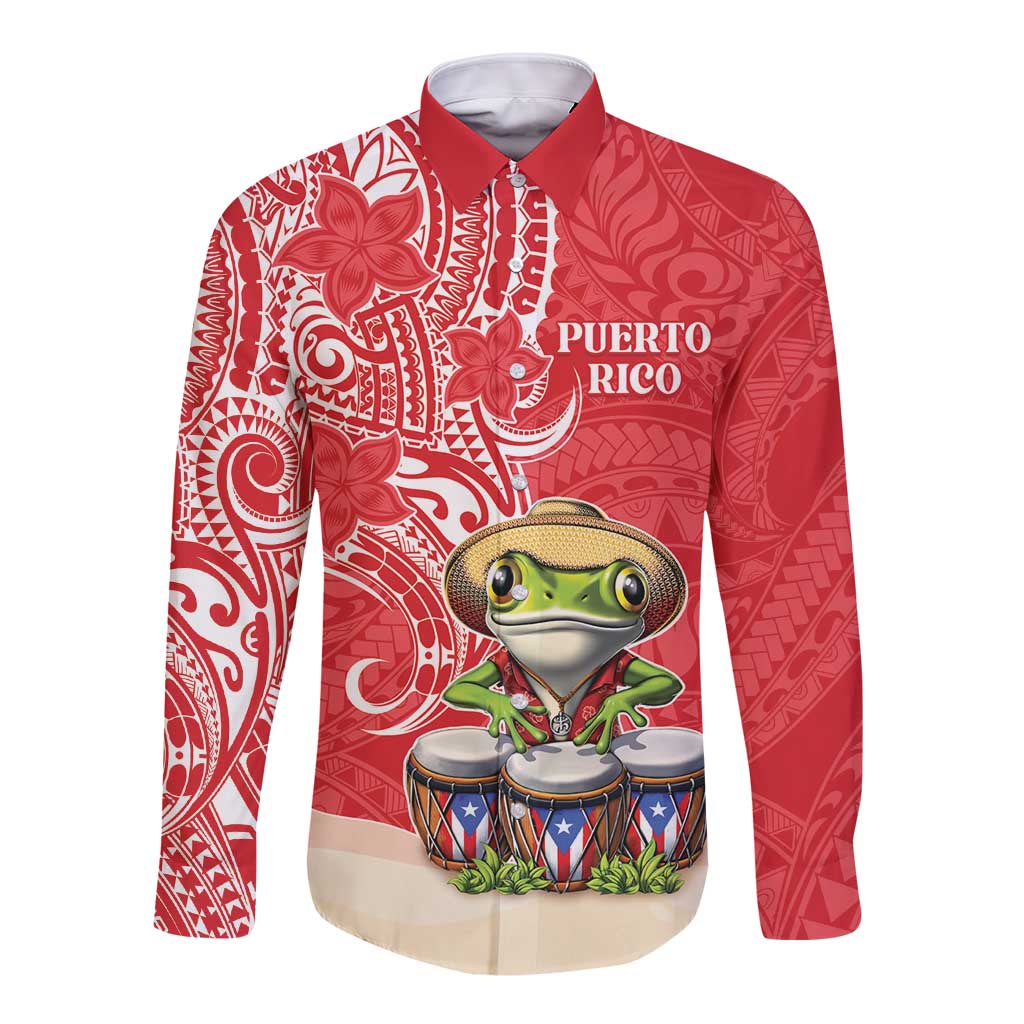 Personalized Puerto Rico Long Sleeve Button Shirt Coqui Frog With Polynesian Pattern - Wonder Print Shop