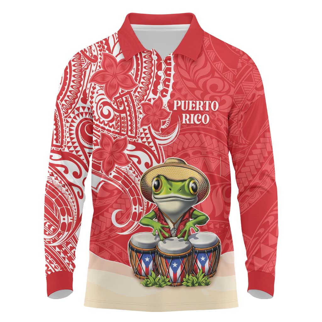 Personalized Puerto Rico Long Sleeve Polo Shirt Coqui Frog With Polynesian Pattern - Wonder Print Shop