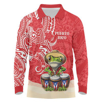 Personalized Puerto Rico Long Sleeve Polo Shirt Coqui Frog With Polynesian Pattern - Wonder Print Shop