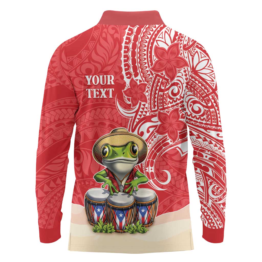 Personalized Puerto Rico Long Sleeve Polo Shirt Coqui Frog With Polynesian Pattern - Wonder Print Shop