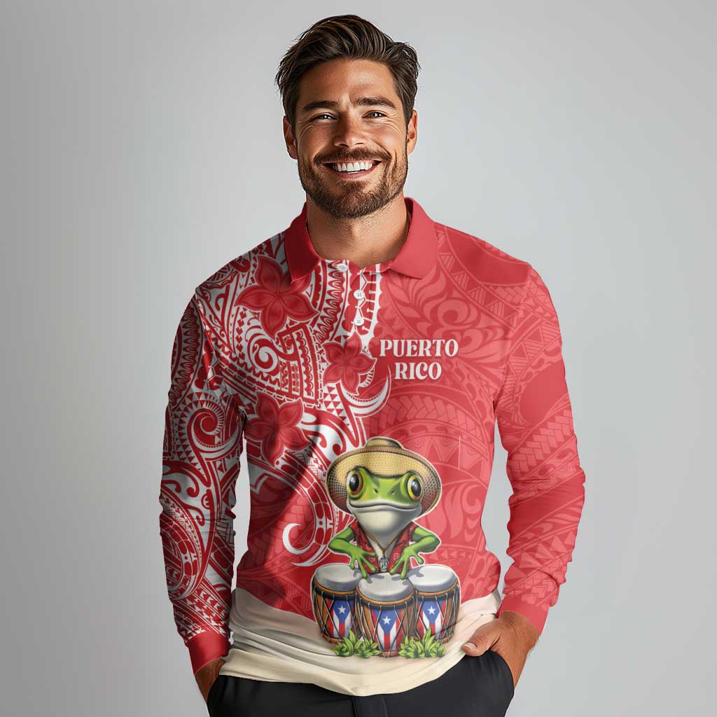 Personalized Puerto Rico Long Sleeve Polo Shirt Coqui Frog With Polynesian Pattern - Wonder Print Shop