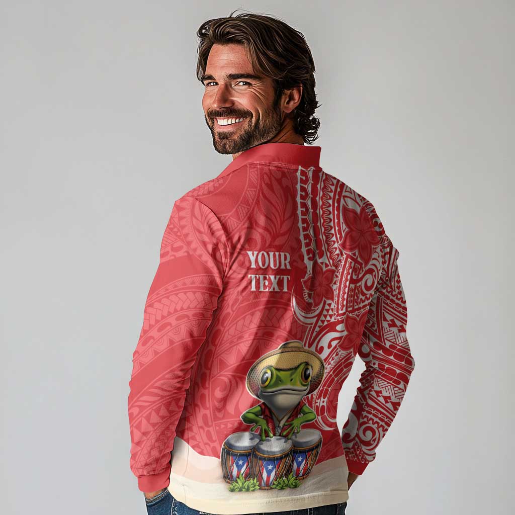 Personalized Puerto Rico Long Sleeve Polo Shirt Coqui Frog With Polynesian Pattern - Wonder Print Shop