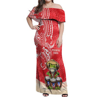 Personalized Puerto Rico Off Shoulder Maxi Dress Coqui Frog With Polynesian Pattern - Wonder Print Shop