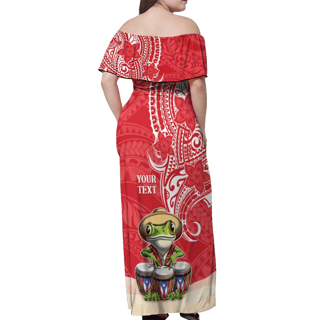 Personalized Puerto Rico Off Shoulder Maxi Dress Coqui Frog With Polynesian Pattern - Wonder Print Shop