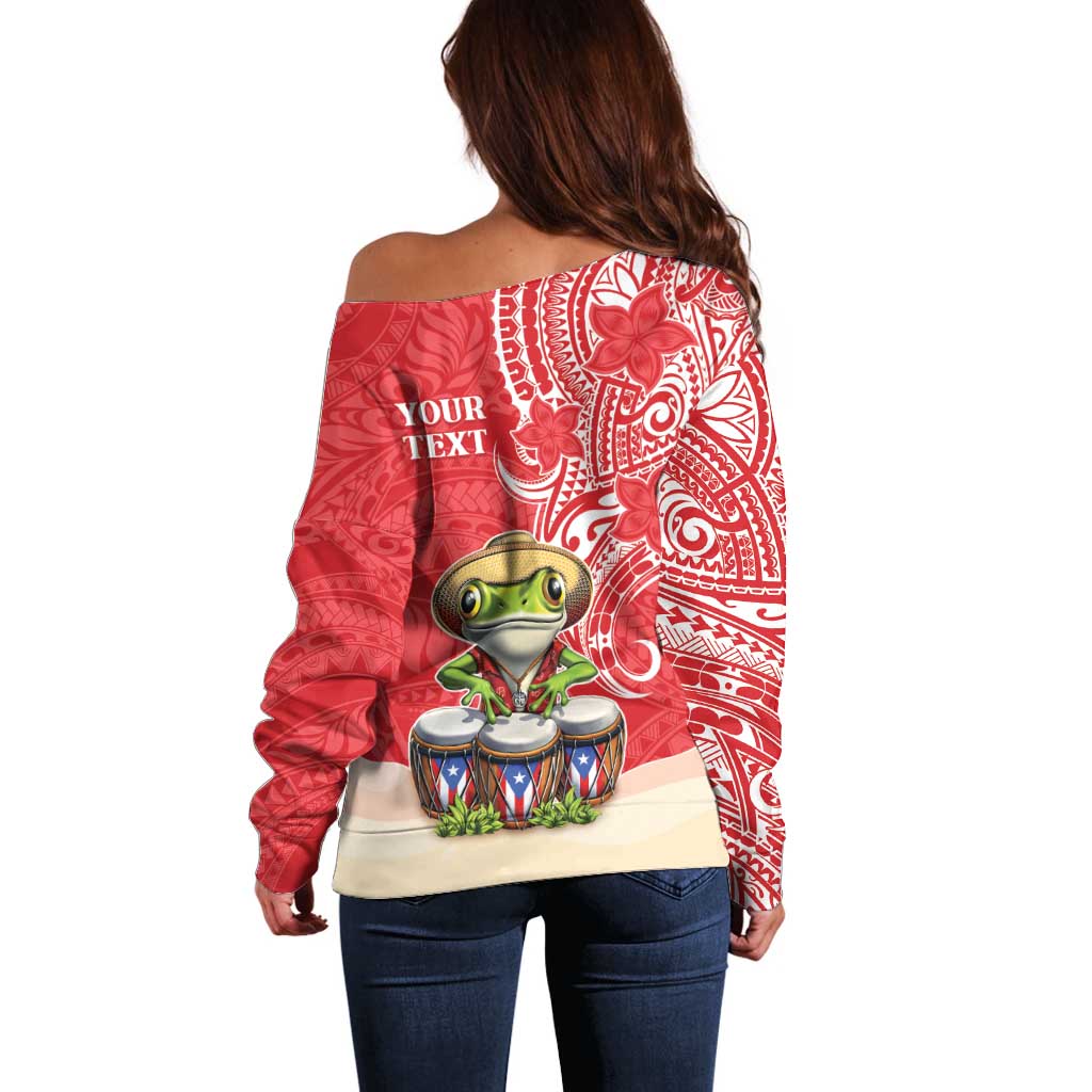 Personalized Puerto Rico Off Shoulder Sweater Coqui Frog With Polynesian Pattern - Wonder Print Shop