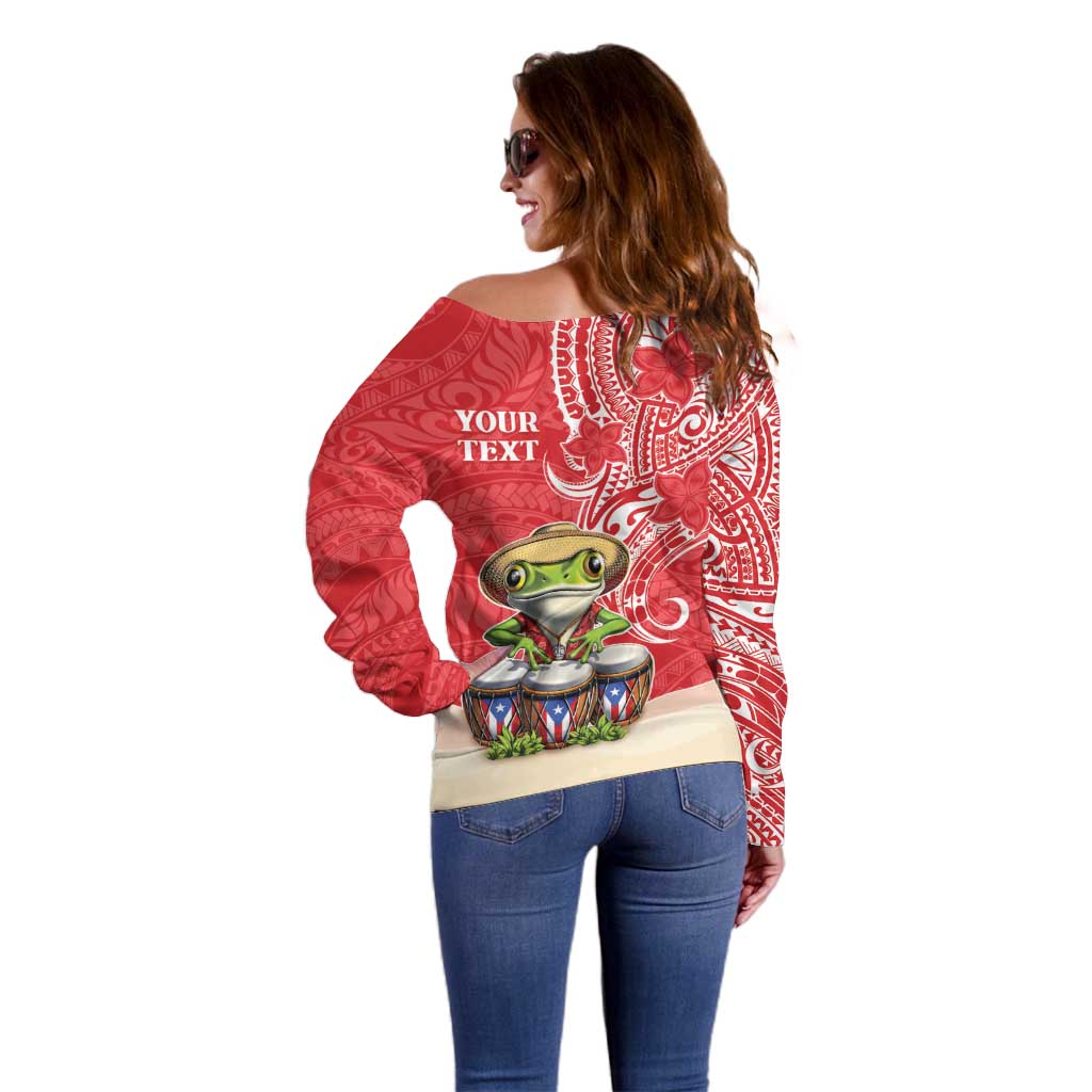 Personalized Puerto Rico Off Shoulder Sweater Coqui Frog With Polynesian Pattern - Wonder Print Shop