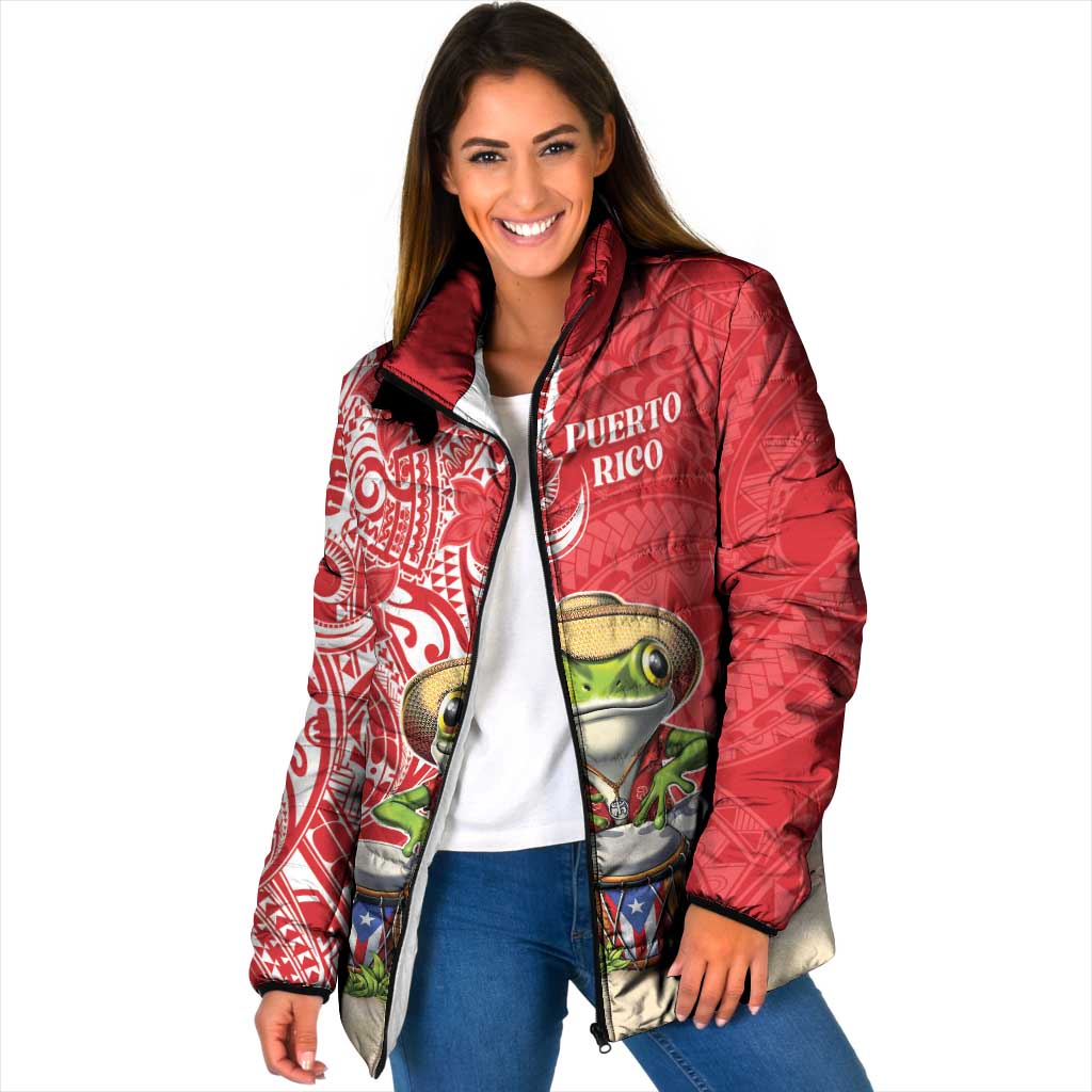 Personalized Puerto Rico Padded Jacket Coqui Frog With Polynesian Pattern - Wonder Print Shop