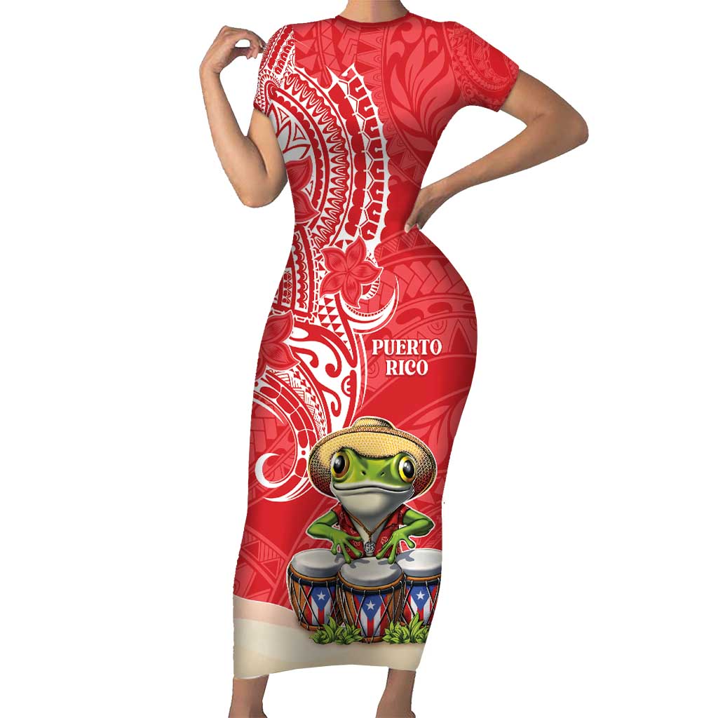 Personalized Puerto Rico Short Sleeve Bodycon Dress Coqui Frog With Polynesian Pattern - Wonder Print Shop