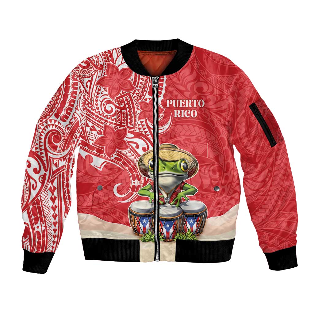 Personalized Puerto Rico Sleeve Zip Bomber Jacket Coqui Frog With Polynesian Pattern - Wonder Print Shop