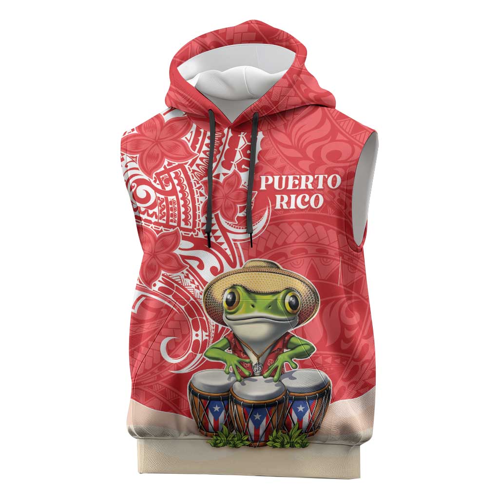 Personalized Puerto Rico Sleeveless Hoodie Coqui Frog With Polynesian Pattern - Wonder Print Shop