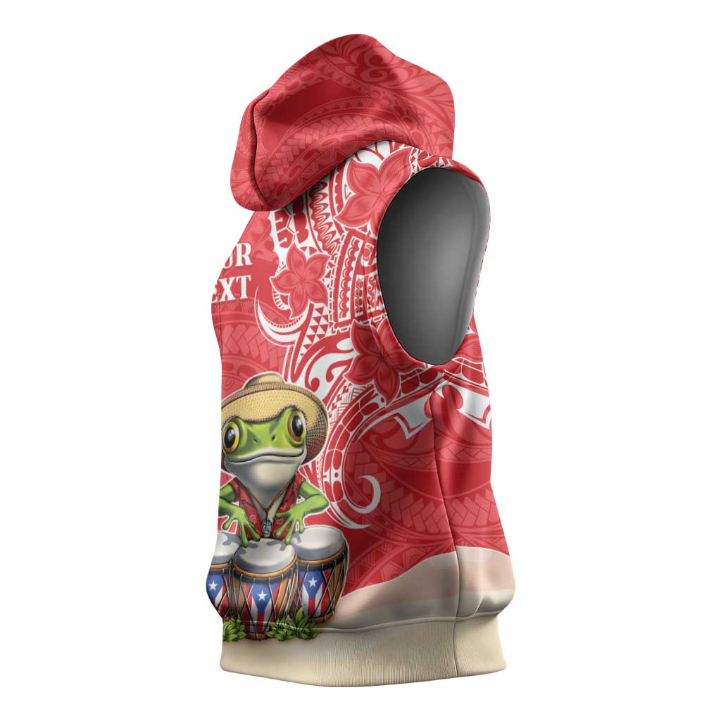 Personalized Puerto Rico Sleeveless Hoodie Coqui Frog With Polynesian Pattern - Wonder Print Shop